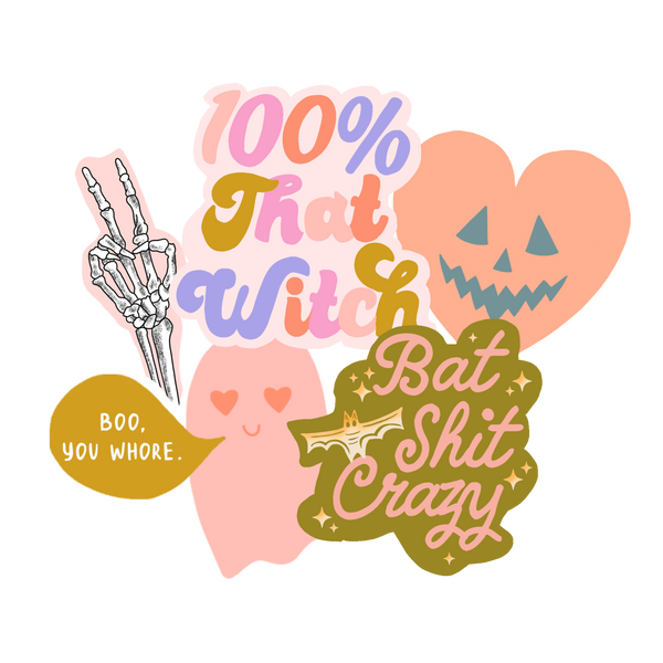 Variety of individual, Halloween themed stickers; "Skeleton Peace", "100% That Witch", "Pumpkin Heart", "Bat Shit Crazy", and "Boo You Whore"