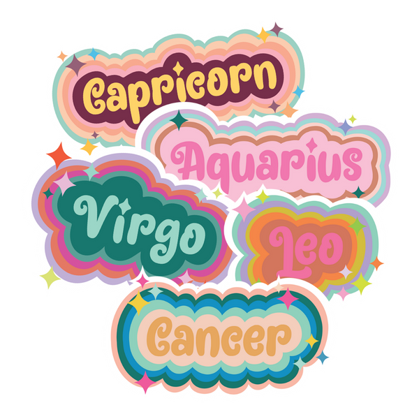 Multicolored astrology stickers with sparkles scattered around the zodiac sign name. Stickers displayed are Capricorn, Aquarius, Cancer, Leo, and Virgo.