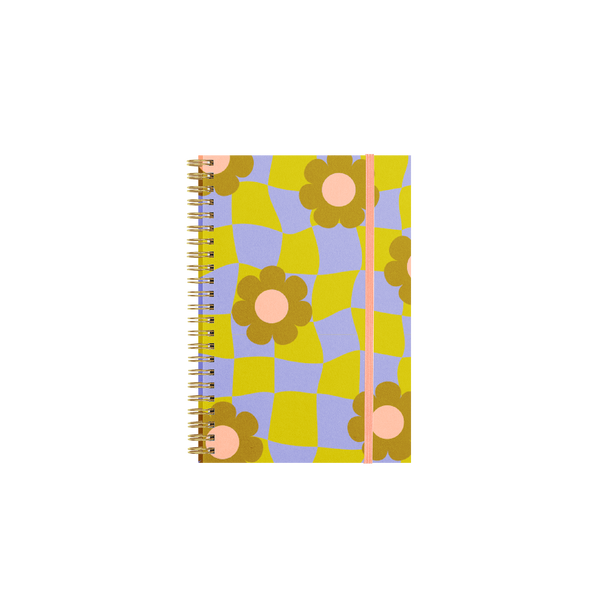 Pastel purple and green checkers with flowers pattern notebook with a pink strap