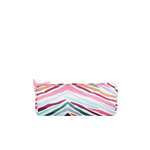 A wild-stripe multicolored pattern pouch with a pink zipper.