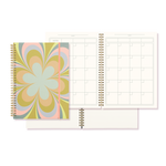 Pastel colorful kaleidoscope floral with pink strap notebook with undated calendar and lined pages.