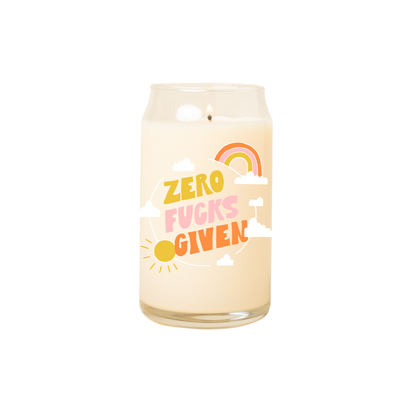 A 16 oz. candle with "Zero fucks given" design printed on.