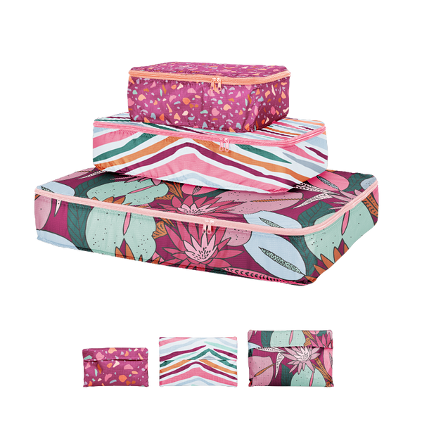 small, medium, and large packing cube set which folds into a pouch. One with cranberry speckle, one jewel tone stripes, and one floral collage.