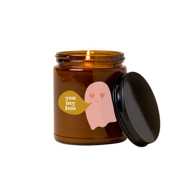 Halloween candle amber jar with lid with pink ghost and word bubble saying "you my boo"