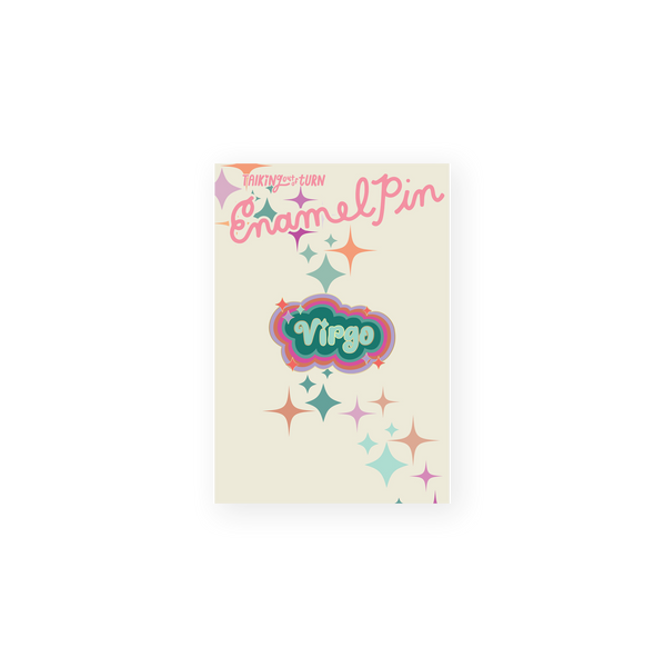 A Virgo Zodiac Enamel Pin with light blue/turquoise lettering and a dark teal background. Perimeter lining is lilac, burnt orange, hot pink, and a light teal. 