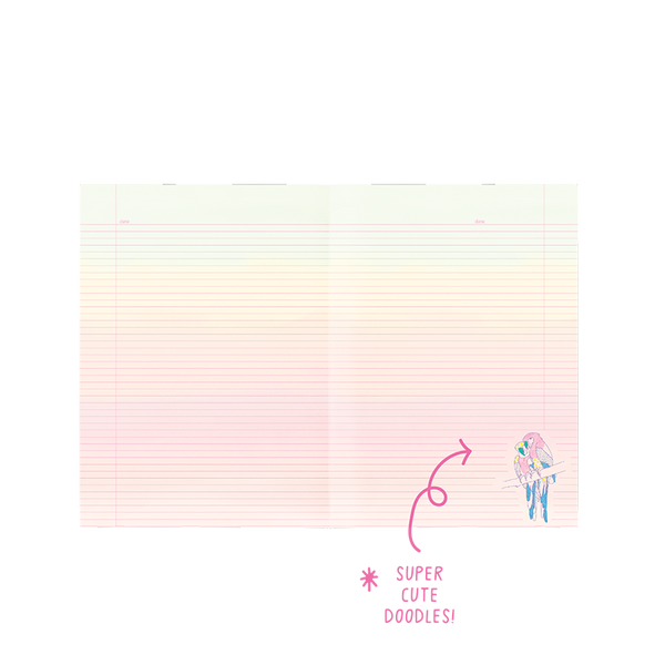 Ombre paper with pink lines and two parrots in the lower right hand corner of the page. 