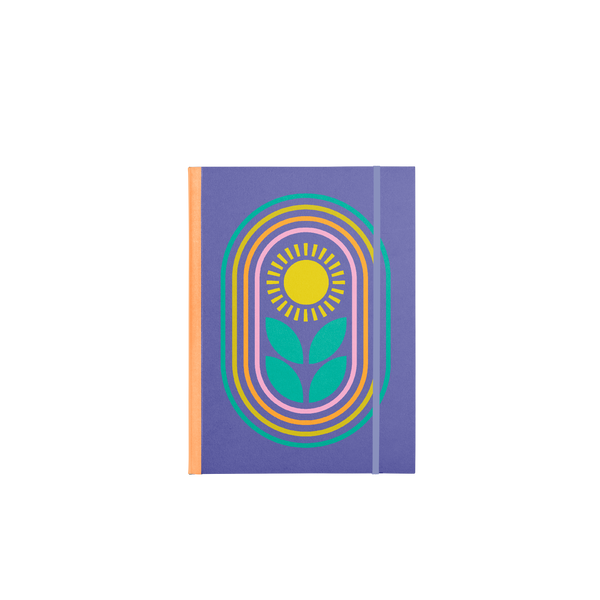 Journal with a light navy blue purplish background and a sunflower in the middle with a oval rainbow surrounding the sunflower.