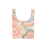 A multicolored, medium tote bag with a water stain design. Colors are pastel oranges, neutral blues and reds, along with neutral greens, creams, and browns.