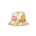 Pink, orange and white gathering flowers with olive green puffy bucket hat 