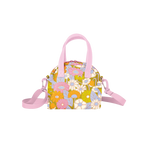 Small bag with pink shoulder straps and one long adjustable strap; multi-color flowers design is printed on bag.