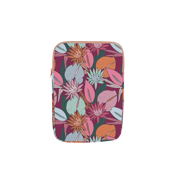 Multicolored jewel tones laptop sleeve with floral design.