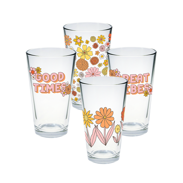 Flower Power retro floral print Pint Glass Set with transparent background.