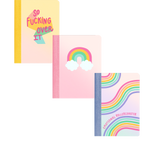 A plain background with 3 mini notebooks. The first one says "so fucking over it" the second is a rainbow with clouds and the third has rainbow paths and "emotional rollercoaster" written in pink scripts. 