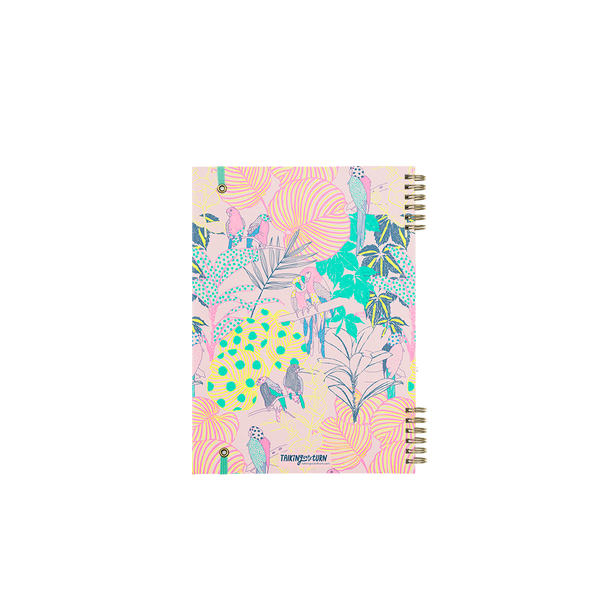 A multicolored backside of a notebook cover with pinks, yellows, purples and greens. Designs are different styles of leaves and birds, all overlapping.