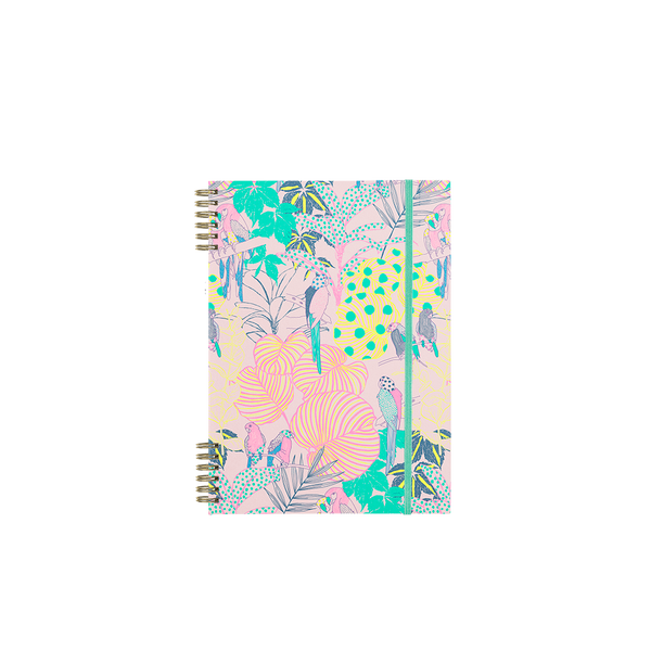 A multicolored notebook cover with pinks, yellows, purples and greens. Designs are different styles of leaves and birds, all overlapping.