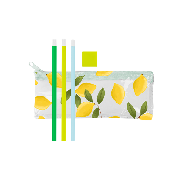 A clear pixie pouch with lemons printed all over the pouch. Three pencils included as well in the colors Grass Green, Citron Green, and Powder Blue. A Citron Green square eraser also included. 