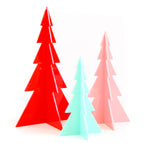 three acrylic trees one large in red, one medium in pink and one small in mint.