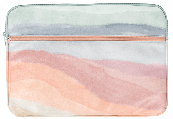 15in Zippered laptop sleeve with zippered front pocket and an open pocket in the back, laptop sleeve has water color stripes reminiscent of the sunset