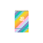 Taskpad with multi-color scallop design and text that reads "LET'S DO THIS" in white letters on front, blue elastic enclosure at bottom and gold coil binding at top.